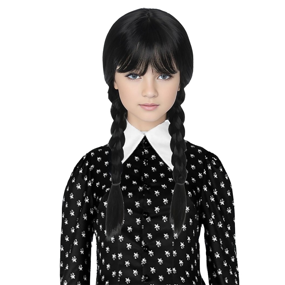 Wednesday Addams Perücken Mädchen Kinderperücke lange glatte schwarze geflochtene Perücke mit Pony Partyperücke Karnevalsperücken Lightinthebox