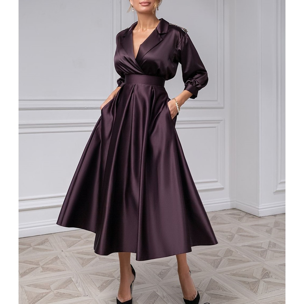 TS A-Linie Cocktailkleider Elegantes Kleid Smokingkleid Hochzeitsgast Abendparty Teelänge 3/4-lange Ärmel Hemdkragen Satin mit Falten Derbykleider 2025 Lightinthebox