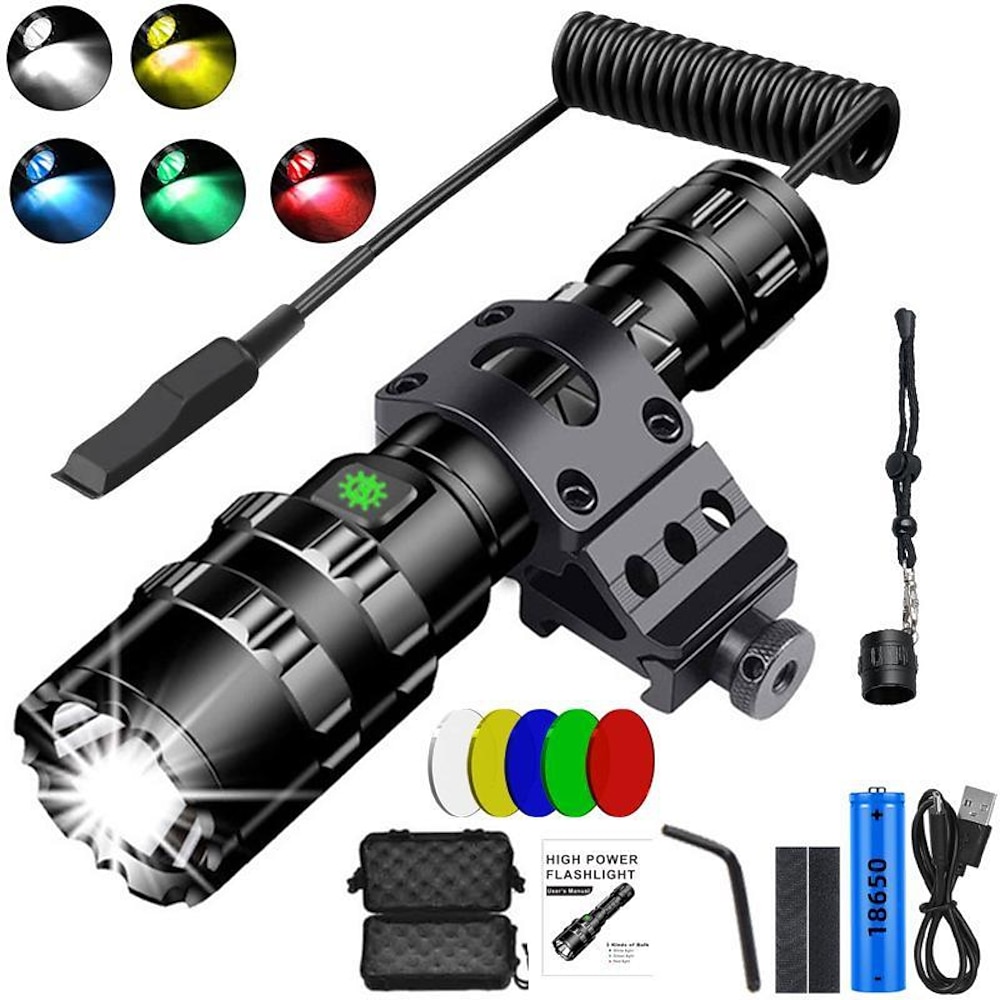 Neue L2 Hochleistungs-Taschenlampe, USB-Aufladung, starkes Licht, taktische Anzug-Taschenlampe, fünf Farben, rot, grün, gelb, blau, weißes Licht, LED-Taschenlampe für Outdoor-Wandern, Jagd Lightinthebox