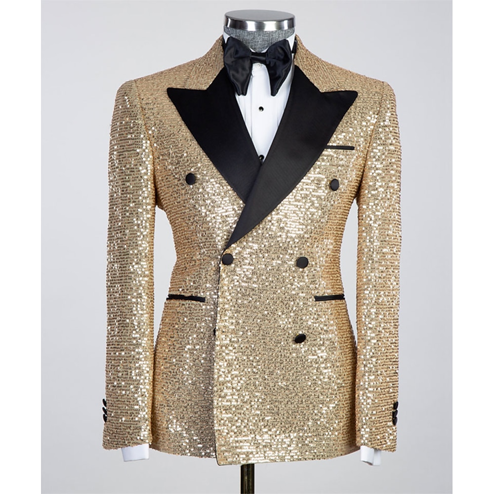 Herren Blazer-Jacke Smoking Party Glanz Pailletten Einfarbig Schwarzes Gold Schwarz Silber Reguläre Passform Zweireihige Sechs-Knöpfe Lightinthebox