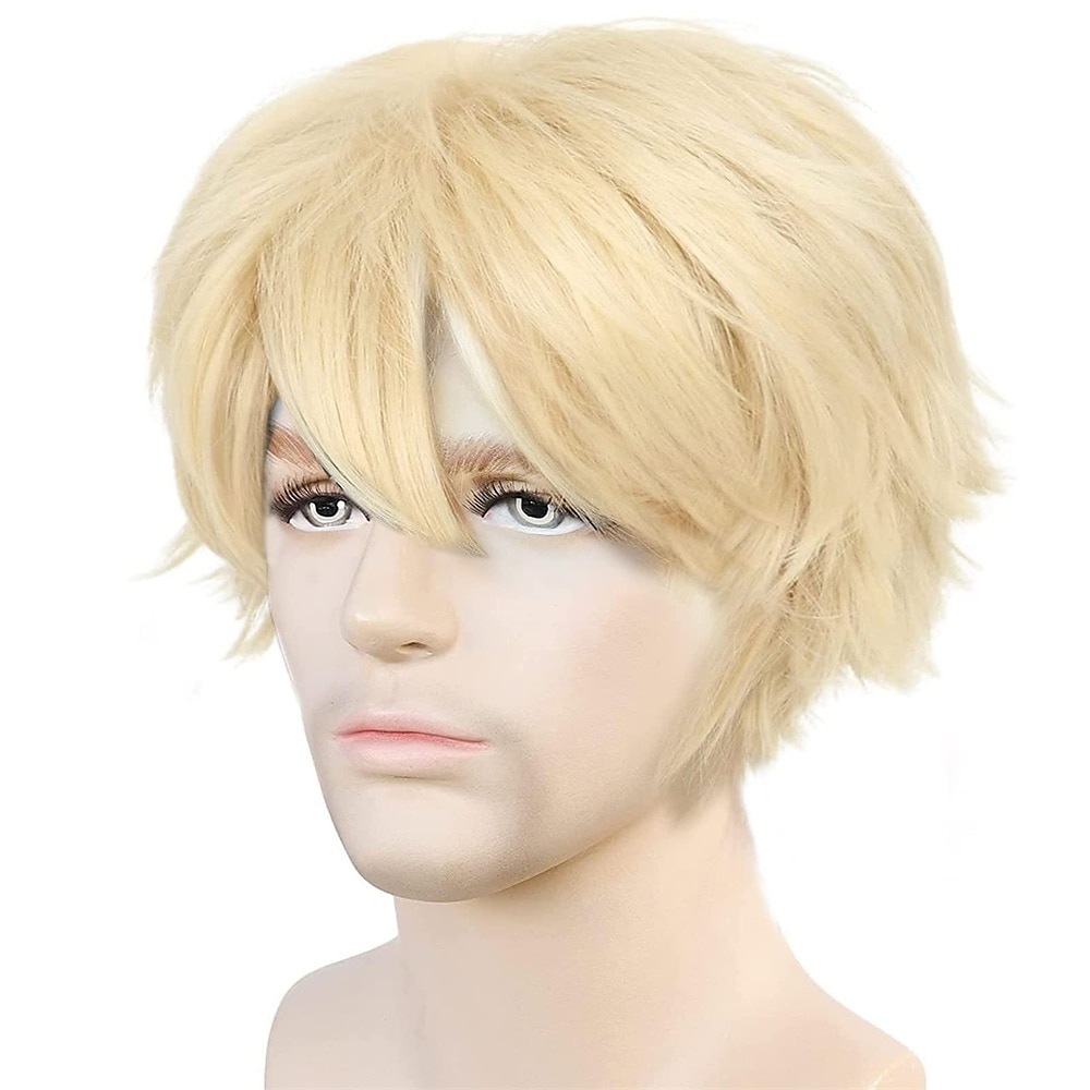 kurze blonde Perücke für Männer Jungen Herren Perücke blonde kurze Cosplay Perücke synthetische Perücke für Karnevalskostüm flauschige blonde Perücke für Party Anime Lightinthebox