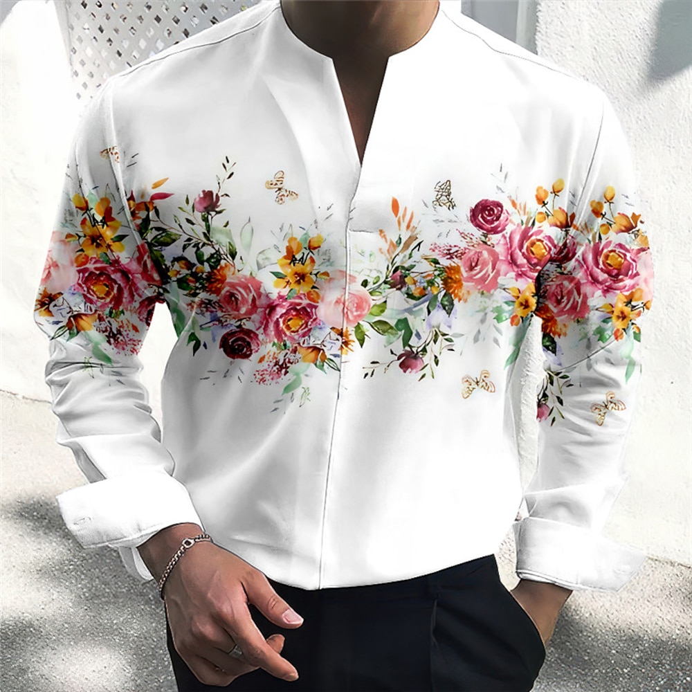 Herren Blumen Grafik-Drucke Hemd Langarm Modisch Strassenmode Designer Outdoor Casual Täglich Sommer Herbst V Ausschnitt Bedruckt Gelb Rote Blau Purpur Grün Lightinthebox