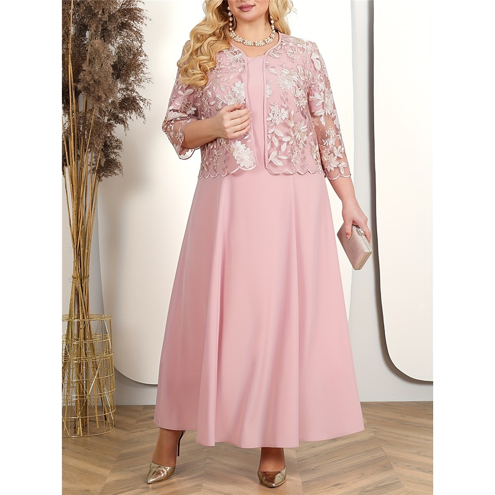 Damen Übergröße Kleid-Set Spitzenkleid abendkleider Semi formelles Kleid Elegant Modisch Glatt Spitze Bestickt kleid lang 3/4 Ärmel Rundhalsausschnitt Party kleid hochzeitsgast Rosa Blau Frühling Lightinthebox