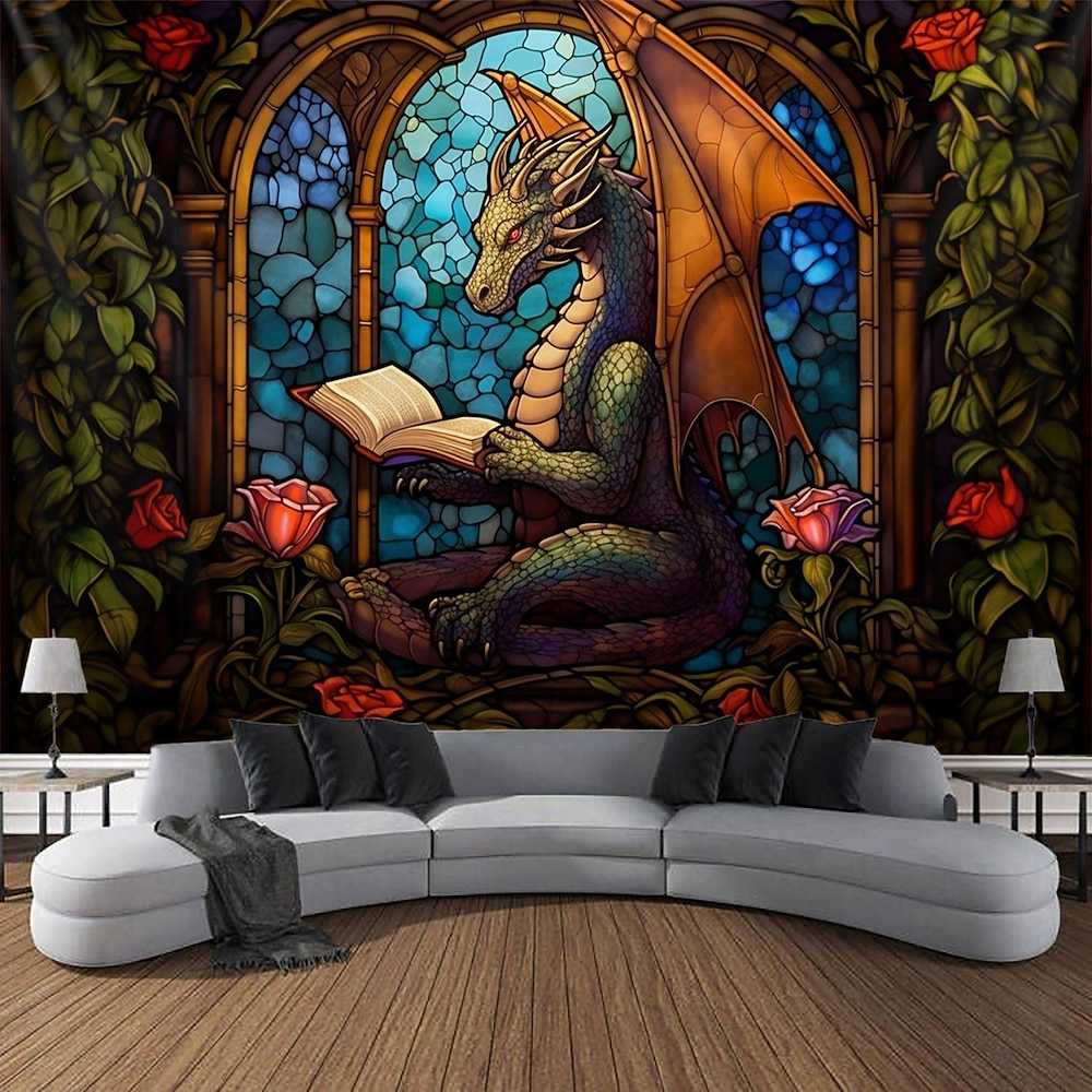 Drachen-Buntglas-Hängeteppich, Wandkunst, großer Wandteppich, Wanddekoration, Fotografie, Hintergrund, Decke, Vorhang, Zuhause, Schlafzimmer, Wohnzimmer, Dekoration Lightinthebox