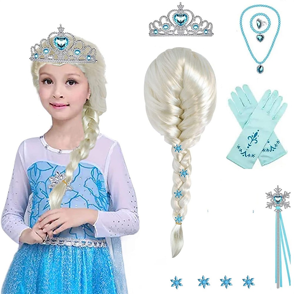 12-teiliges Set für Kinder, Elsa, Cosplay-Perücke, lang, blond, geflochtene Prinzessinnen-Perücke, weißes Mädchen, Kunsthaar-Perücke für Anime-Partys, Perückenkappe, Karnevalsperücken Lightinthebox