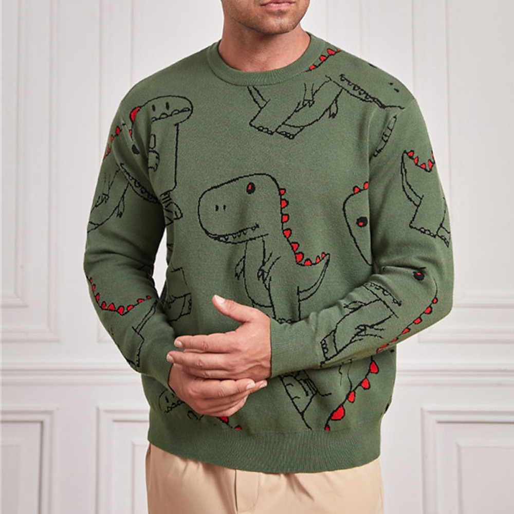 Herren Karikatur Dinosaurier Pullover Strickware Rundhalsausschnitt Modisch Strassenmode Designer Freizeitskleidung Urlaub Ausgehen Strick Langarm Herbst Winter Armeegrün Lightinthebox