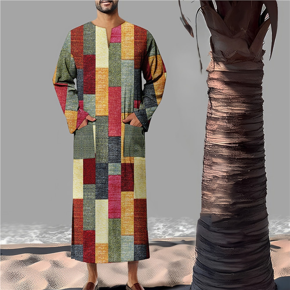 Herren Plaid / Karomuster Geometrische Muster Geometrie Hemd Kaftan Langarm Vintage Modisch Designer Outdoor Casual Täglich Herbst Winter Rundhalsausschnitt Bedruckt Gelb Hellgrün Rosa Blau Grün Lightinthebox