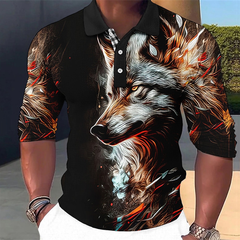 Herren Wolf Poloshirts Golfhemd Langarm Polo-Shirts Hemden mit Kragen Brautkleider schlicht Lustig Urlaubskleidung Party-Outfits Knopf 3D-Druck Rote Blau Grün Lightinthebox