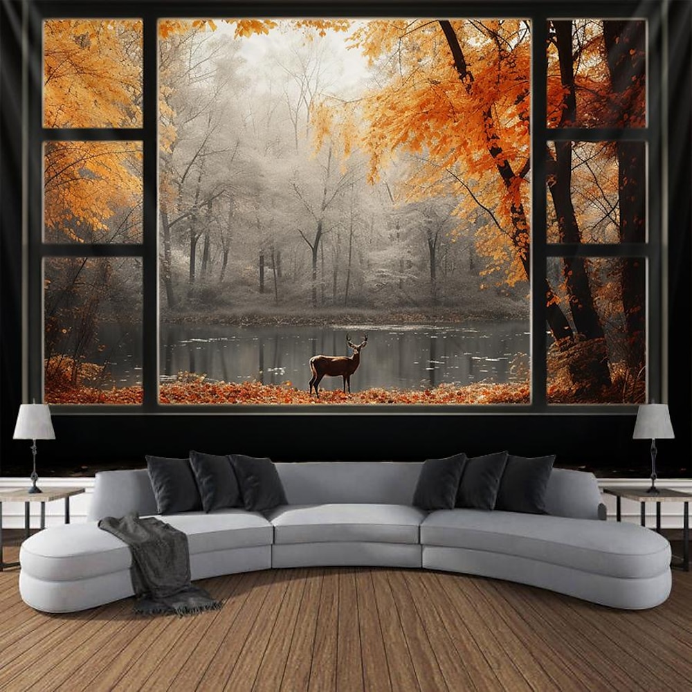 Herbst-Wandteppich zum Aufhängen, Herbst-Ahorn-Nebelwald-Wandteppich, Fenster, Elch, Ahornblatt, natürliche Landschaft, Wandteppich, Wohnzimmer, Schlafzimmer, Bauernhof, Urlaub, Party-Dekoration Lightinthebox