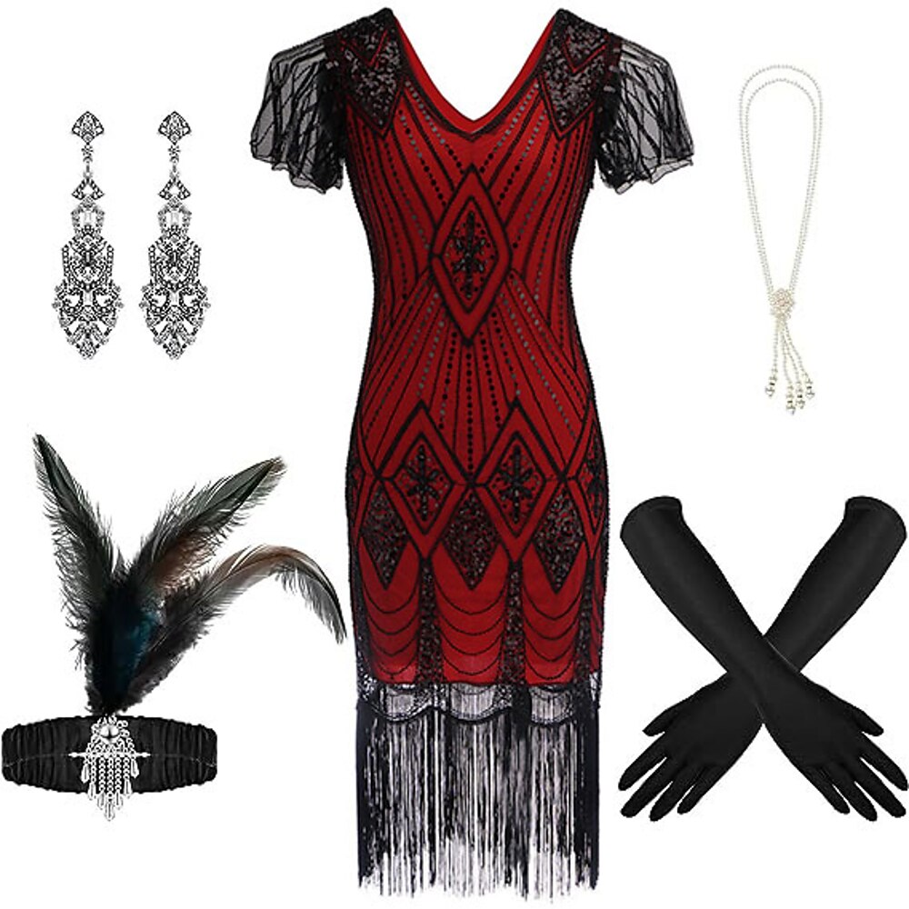 Retro Vintage Brüllen 20s 1920s Flapper Kleid Kleid Cosplay Kostüm Der große Gatsby Damen Pailletten Quaste Weihnachten Halloween Karneval Halloween Party / Abend Erwachsene Kleid Handschuhe Lightinthebox