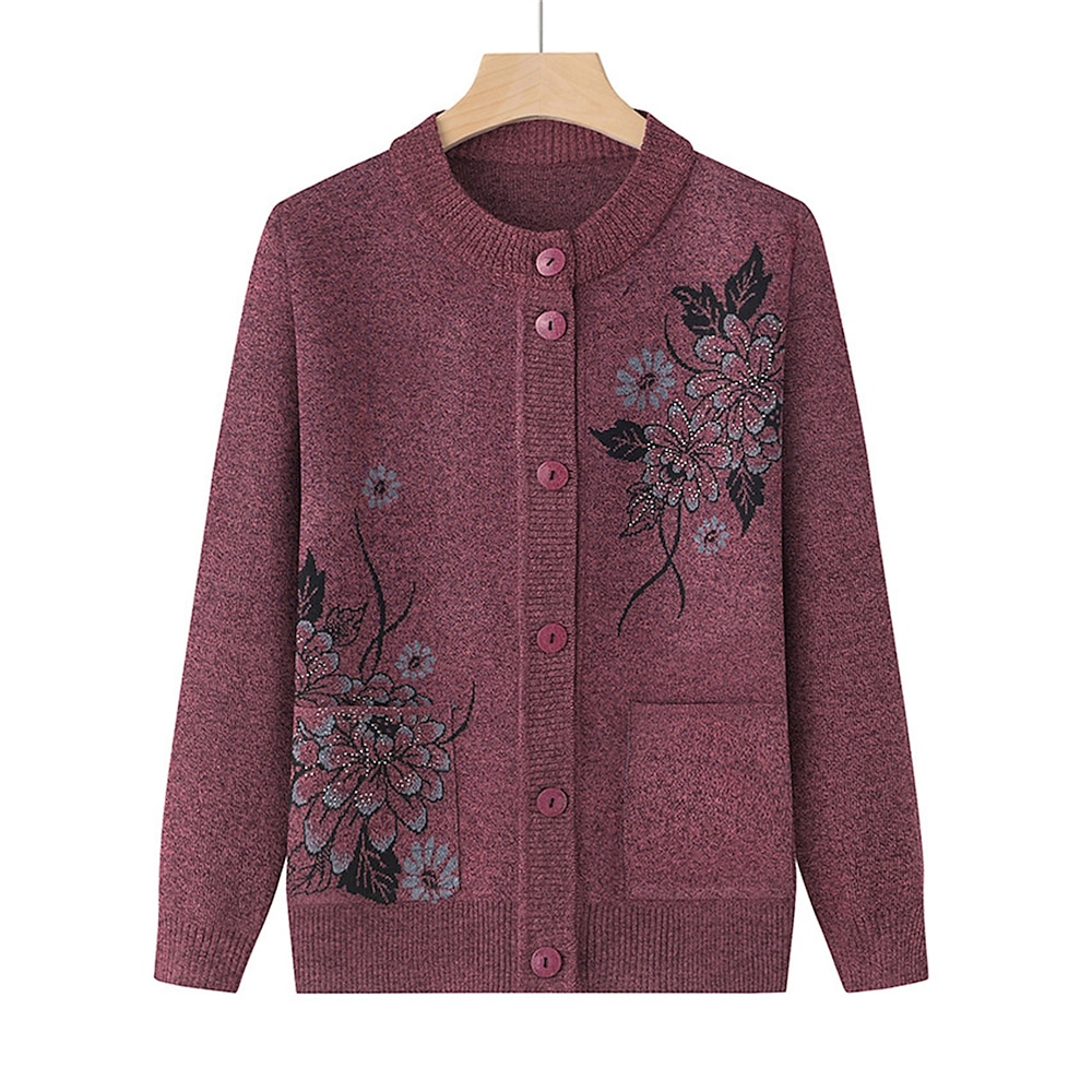 Damen Strickjacke Rundhalsausschnitt Gerippt Stricken Polyester Taste Tasche Herbst Winter Outdoor Festtage Ausgehen Stilvoll Brautkleider schlicht Weich Langarm Blumen Weinrot Gras-Grün Leder Pink Lightinthebox