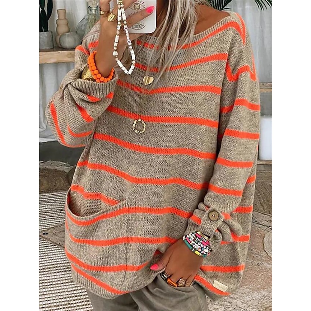 Damen Pullover Rundhalsausschnitt Gerippt Stricken Polyester Tasche Herbst Winter Täglich Ausgehen Wochenende Stilvoll Brautkleider schlicht Weich Langarm Gestreift Maillard Schwarz Rosa Orange S M L Lightinthebox