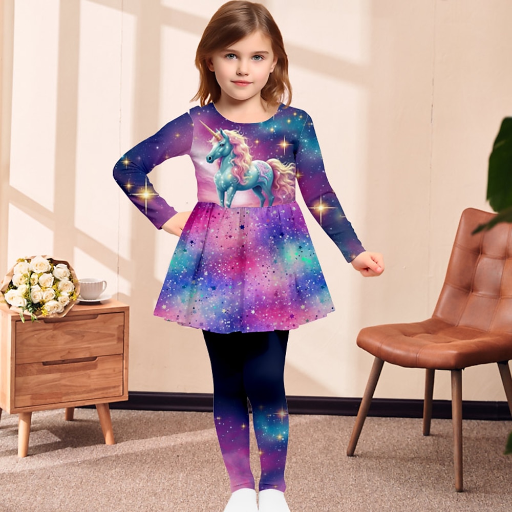 Mädchen 3D Graphic Galaxis Einhorn T-Shirt Hose Kleider-Set Kleidungsset Langarm 3D-Druck Frühling Herbst Winter Aktiv Modisch Täglich kinderkleidung 3-12 Jahre Outdoor Urlaub Verabredung Regular Lightinthebox