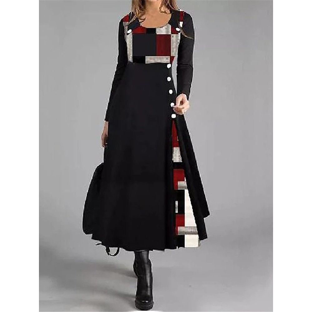 Freizeitkleid für Damen, A-Linie, geometrisch, Patchwork, Knopfleiste, lange Ärmel, Rundhalsausschnitt, schwarz, rot, Arbeit, Herbst, Winter, weich, bequem, regulär Lightinthebox