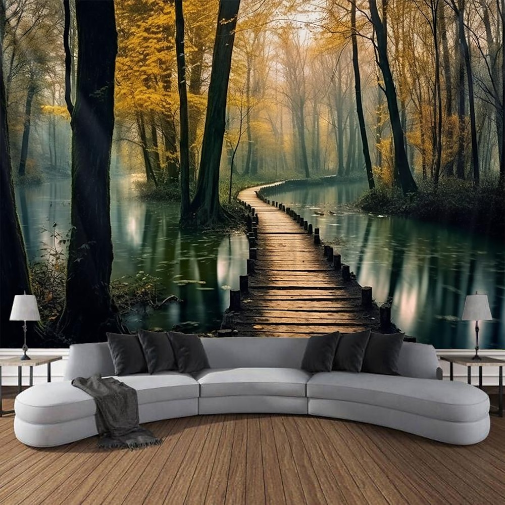 Herbst Wald Weg hängende Tapisserie Wandkunst große Tapisserie Wandbild Dekor Foto Hintergrund Decke Vorhang Zuhause Schlafzimmer Wohnzimmer Dekoration Lightinthebox