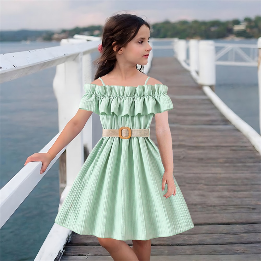 kinderkleidung Mädchen Kleid Feste Farbe Kurzarm Hochzeit Outdoor Casual Rüsche Urlaub Modisch Täglich Polyester Knielang Casual kleid Schaukelkleid A Linie Kleid Sommer Frühling 7-13 Jahre Schwarz Lightinthebox