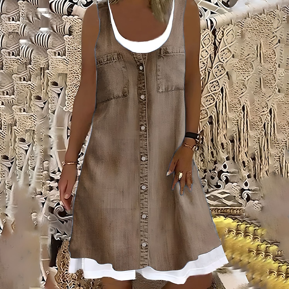 Damen Midi Kleid Shift Kleid Grau Ärmellos Floral Fake Zweiteiler Sommer Frühling Crew Neck Modern 2023 5XL Lightinthebox