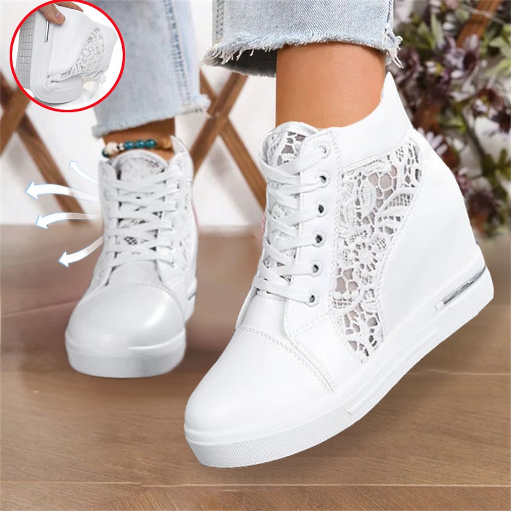 Atmungsaktive Keil-Sneaker für Damen mit Spitzeneinsatz - bequeme Schnürschuhe mit hohem Schaft für Freizeitausflüge und den Sommer Lightinthebox