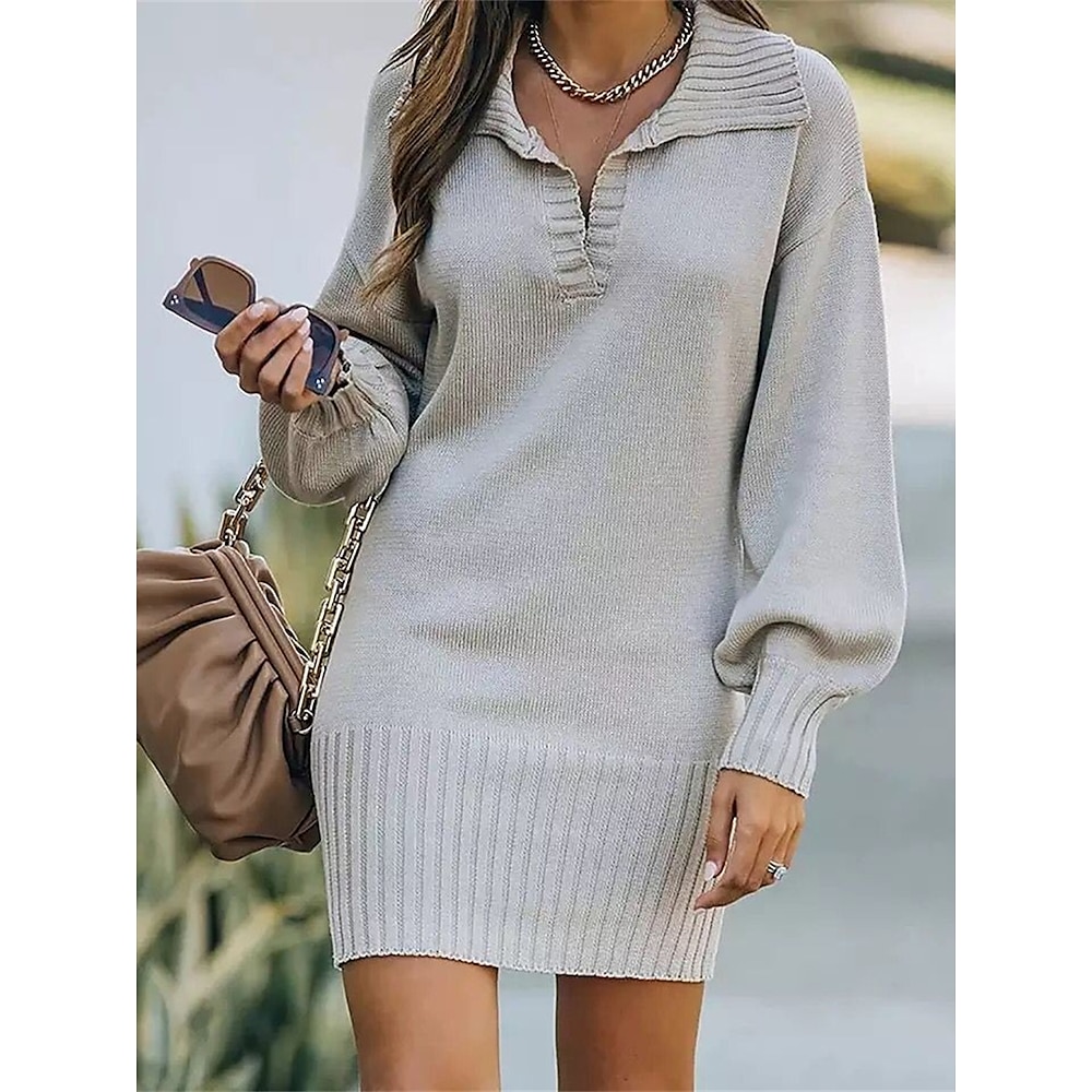 Damen strickkleid Strickkleid Pulloverkleid Minikleid Strickware Warm Modisch Einfarbig Outdoor Casual Täglich Ausgehen V Ausschnitt Langarm 2023 Lockere Passform Schwarz Gelb Wein S M L XL XXL 3XL Lightinthebox