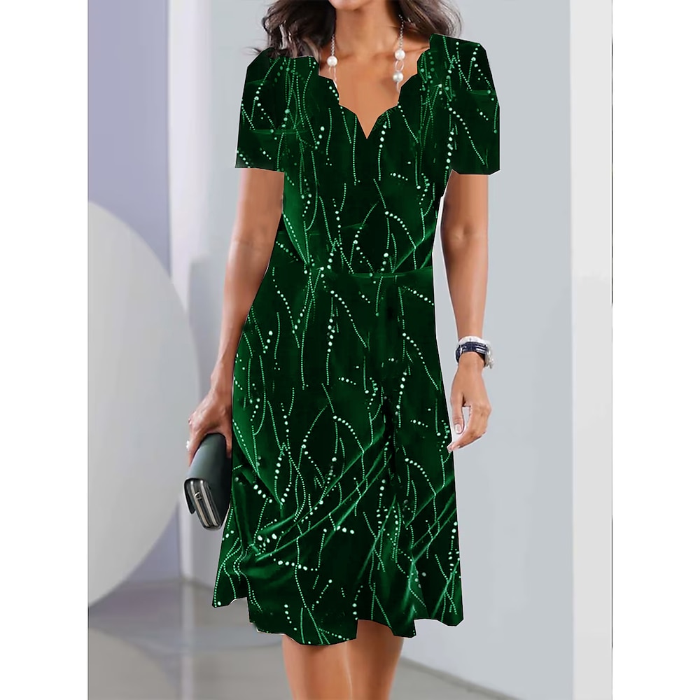 Damen A-Linien-Kleid mit V-Ausschnitt, kurze Ärmel, abstrakter Liniendruck, funkelnder, taillierter, ausgestellter Rock, grün, Cocktailparty, Arbeitskleidung, Frühling, Sommer, mehrere Größen Lightinthebox