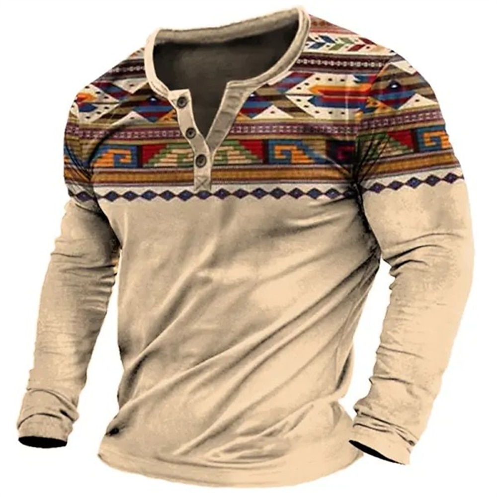 Herren Graphic Stammes Henley Shirt Langarm 3D-Druck Modisch Designer Komfortabel Outdoor Täglich Frühling Herbst Blau Braun Grün Grau Henley Henley T-Shirt Lightinthebox