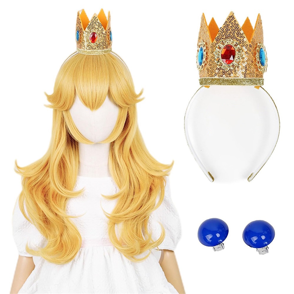 goldene Prinzessinnenperücke mit Ohrringen und Krone blonde lange gewellte pfirsichfarbene Perücke für Kinder Cosplay Karnevalsperücken Lightinthebox