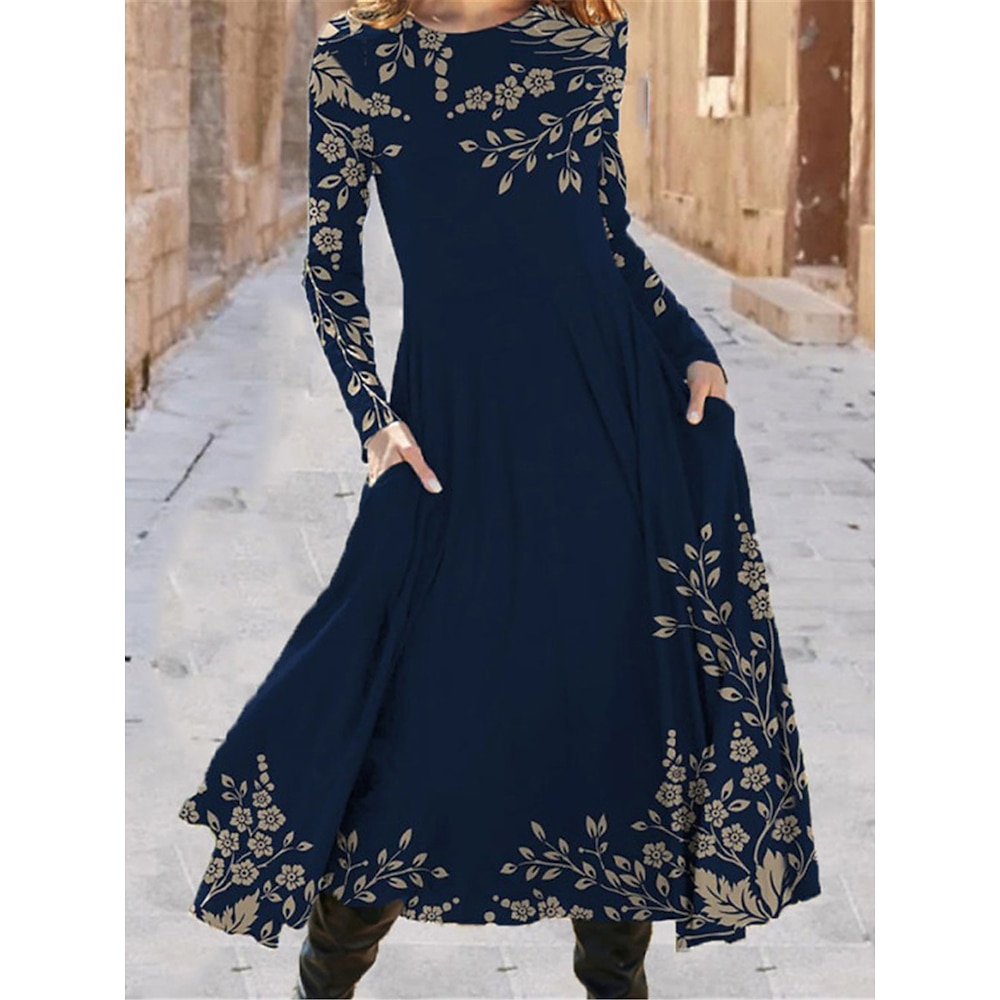 Damen-Midikleid mit Blumenmuster und Taschen, Rundhalsausschnitt, für den Alltag, Urlaub, lange Ärmel, Frühling/Herbst Lightinthebox