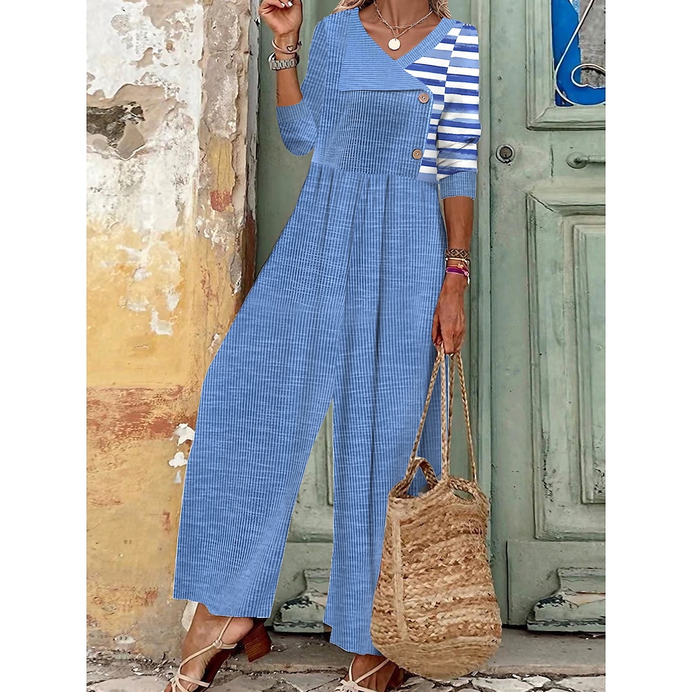 Damen Normal Jumpsuit Boho Gestreift Langarm Breites Bein V Ausschnitt Bedruckt Urlaub Regular Fit Blau Ganzjährig Lightinthebox