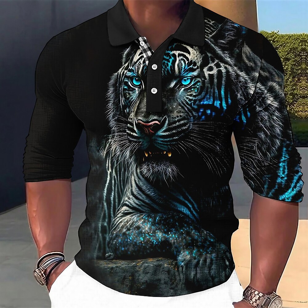 Herren Tier Tiger Langarm Polo-Shirts Umlegekragen Abstrakt Outdoor Casual Strassenmode 3D Bedruckt Gelb Rote Blau Lightinthebox