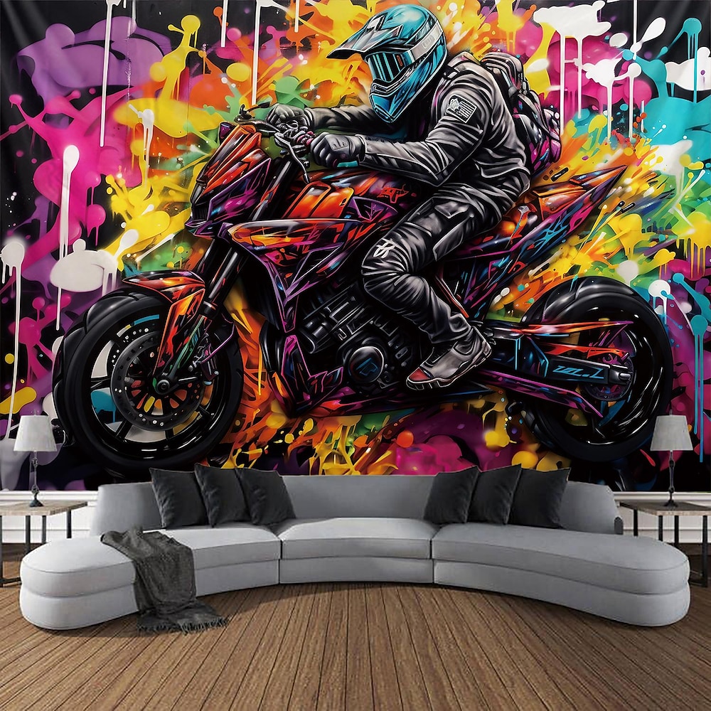 Graffiti-Motorrad-Hängeteppich, Wandkunst, großer Wandteppich, Wanddekoration, Fotografie, Hintergrund, Decke, Vorhang, Zuhause, Schlafzimmer, Wohnzimmer, Dekoration Lightinthebox