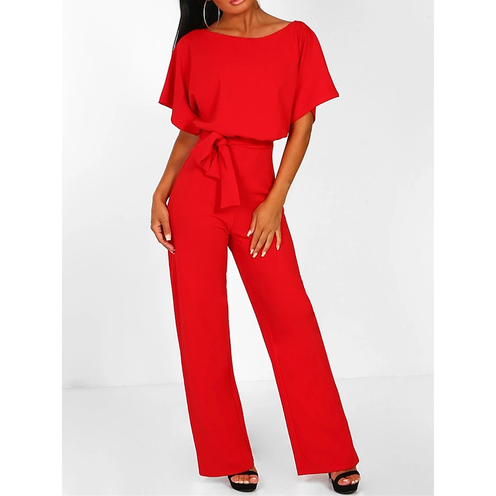 Eleganter Jumpsuit für Damen mit Gürtel in der Taille, rot, weites Bein, Rundhalsausschnitt, kurze Ärmel, einfarbig, Party, Arbeit, lässig, Frühling, Sommer, Kleidung Lightinthebox