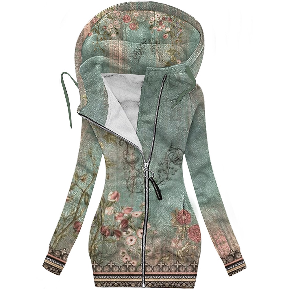 Damen Kapuzenjacke Normal Zip Blume Komfortabel Modisch Regular Fit Oberbekleidung Langarm Herbst Grau Blau S Lightinthebox