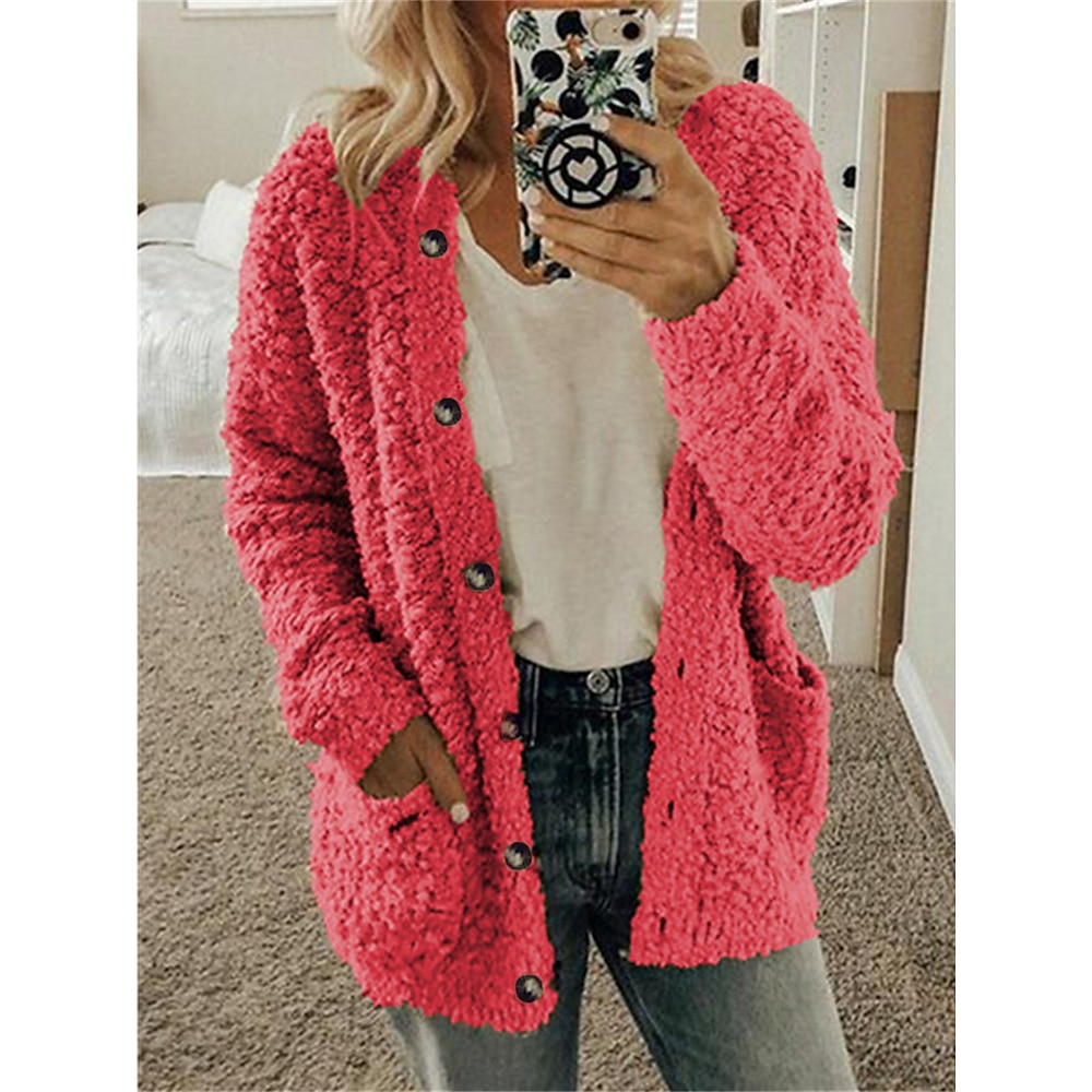 Damen Strickjacke Kapuze Gerippt Stricken Polyester Tasche Herbst Winter Heim Täglich Festtage Stilvoll Brautkleider schlicht Weich Langarm Feste Farbe Maillard Schwarz Rosa Rote S M L Lightinthebox