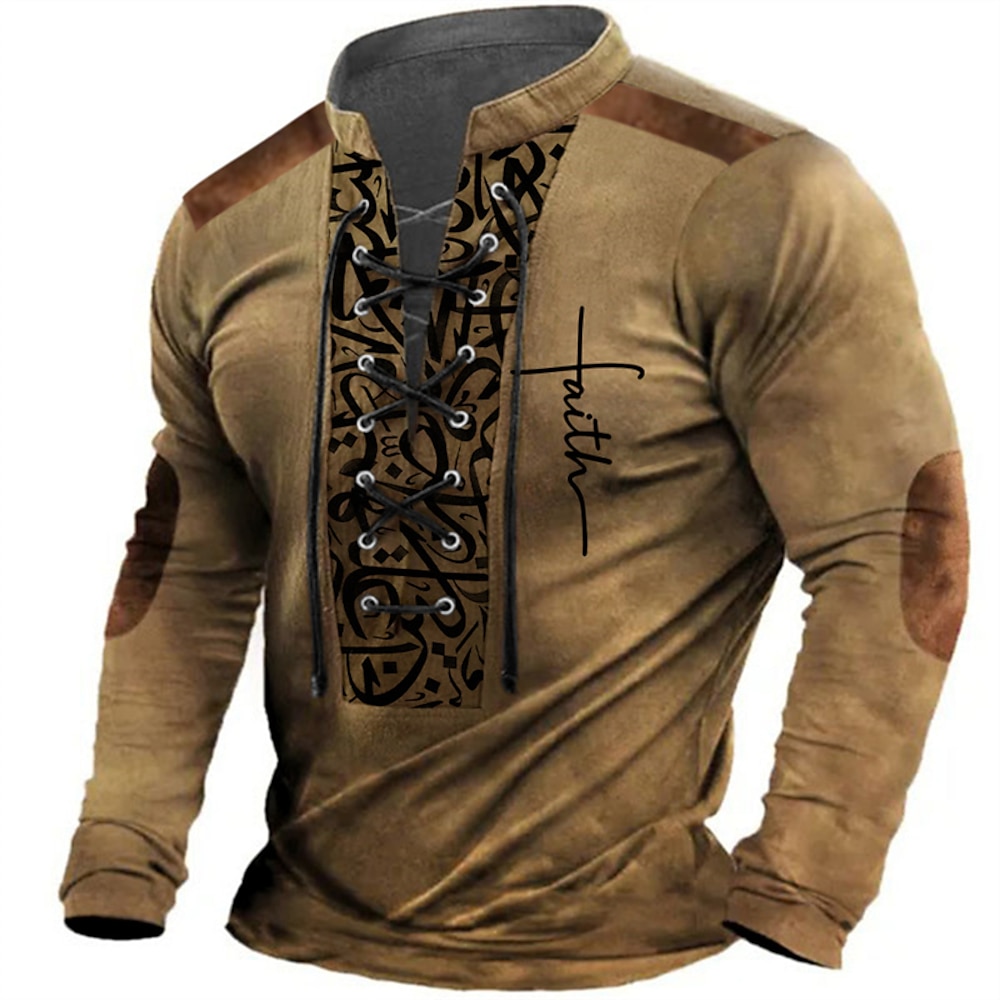 Herren Buchstabe Grafik-Drucke Henley Shirt Grafischen T-Shirt Vintage-Shirt Langarm T-Shirt Henley Hemd Modisch Designer Brautkleider schlicht Outdoor Freizeitskleidung Urlaub Schwarz Braun Grün Lightinthebox