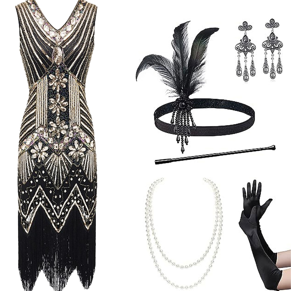 Retro Vintage Brüllen 20s 1920s Flapper Kleid Kleid Cosplay Kostüm Der große Gatsby Damen Pailletten Quaste Weihnachten Halloween Karneval Halloween Party / Abend Erwachsene Kleid Handschuhe Lightinthebox