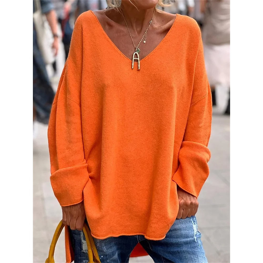 Wohnungs Tunika Übergröße Sweatshirt Pullover Sport Basic Neon Helle Einfarbig Straße Lässig V-Ausschnitt Locker Passform Langarm Schwarz Pink Orange Grau Herbst Winter Lightinthebox