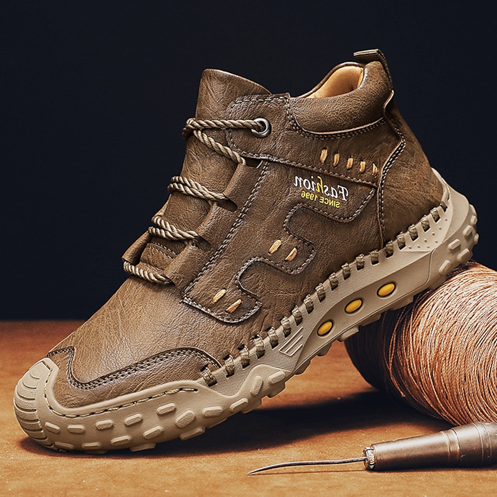 braune Outdoor-Wanderstiefel aus Kunstleder für Herren mit handgefertigten Nähten, Schnürdesign und rutschfester Sohle - strapazierfähiges und bequemes Abenteuer-Schuhwerk Lightinthebox