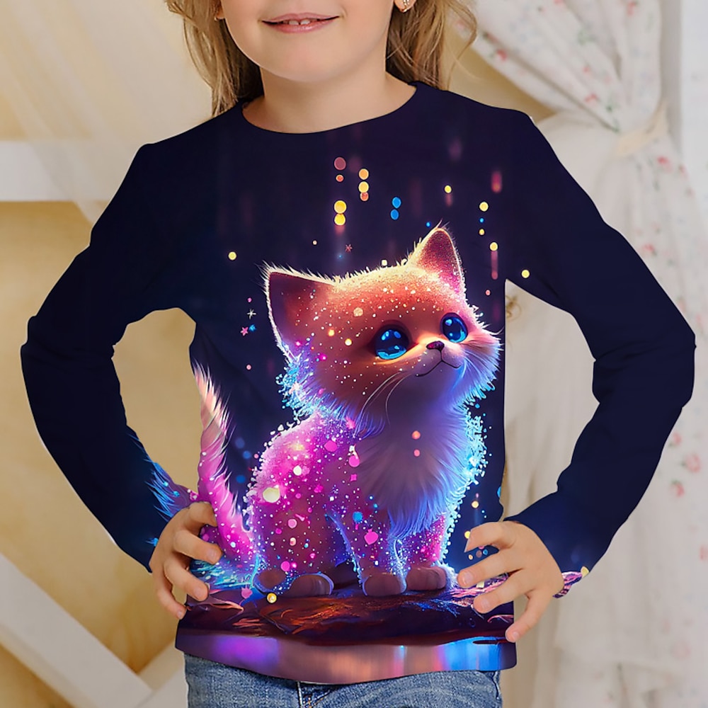 Mädchen 3D Graphic Karikatur Katze T-Shirt Langarm 3D-Druck Sommer Frühling Herbst Aktiv Modisch Kuschelig kinderkleidung 3-12 Jahre Outdoor Casual Täglich Regular Fit Lightinthebox