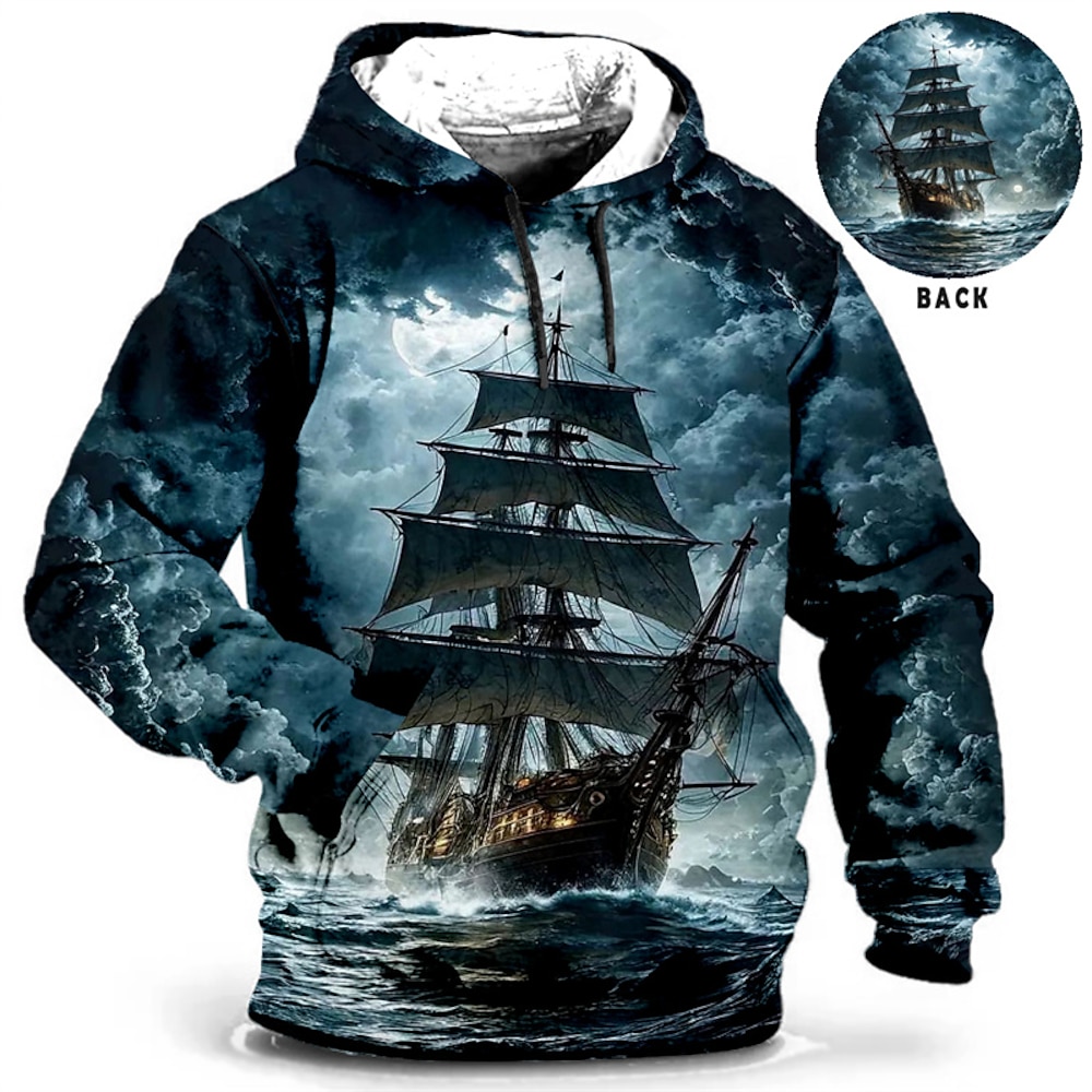 Herren Schiff Grafik-Drucke Hoodie Sweatshirt Kapuze Hoodies Pullover Zur Seite fahren Langarm Sweatshirt mit Kapuze Mit Kapuze Täglich 3D-Druck Festtage Ausgehen Strassenmode Blau Grün Bedruckt Lightinthebox