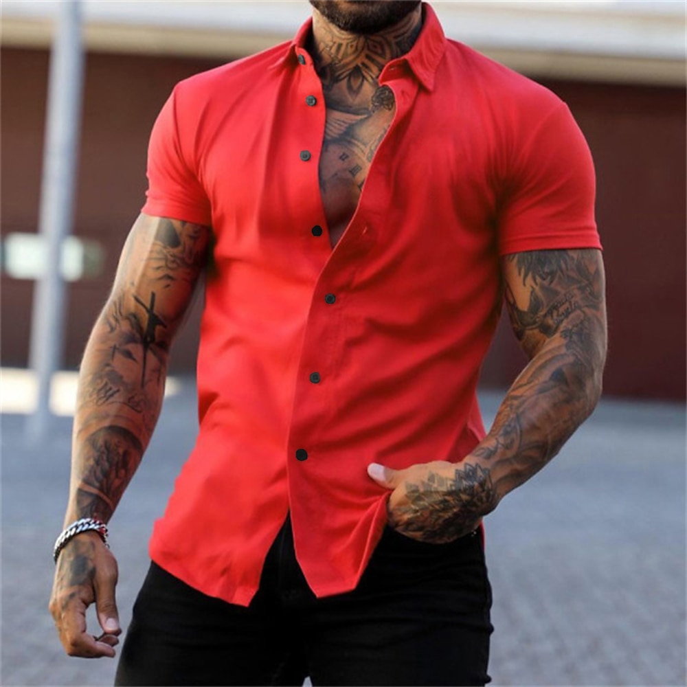 Herren Hemd Sommerhemd Knopfhemd Lässiges Hemd Schwarz Gelb Rosa Rote Dunkelmarine Kurzarm Buchstabe Umlegekragen Strasse Casual Button-Down Bekleidung Baumwollmischung Modisch Brautkleider schlicht Lightinthebox