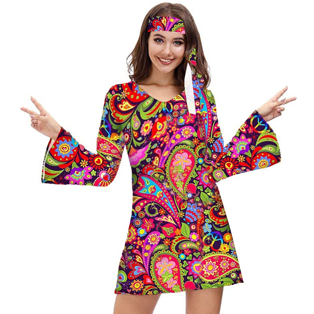 Retro Vintage Hippie 1970er Kleid Stirnband Trompetenärmel Hippie 3D Damen Halloween Karneval Maskerade Urlaub Alltagskleidung Musikfestival Erwachsene Kleid Frühling Sommer Lightinthebox