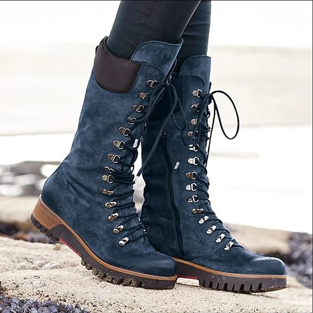 marineblaue Wildleder-Kampfstiefel für Damen mit Schnürung, seitlichem Reißverschluss und robuster Sohle - stylische Stiefel mit hohem Schaft für Winter- und Outdoor-Abenteuer Lightinthebox