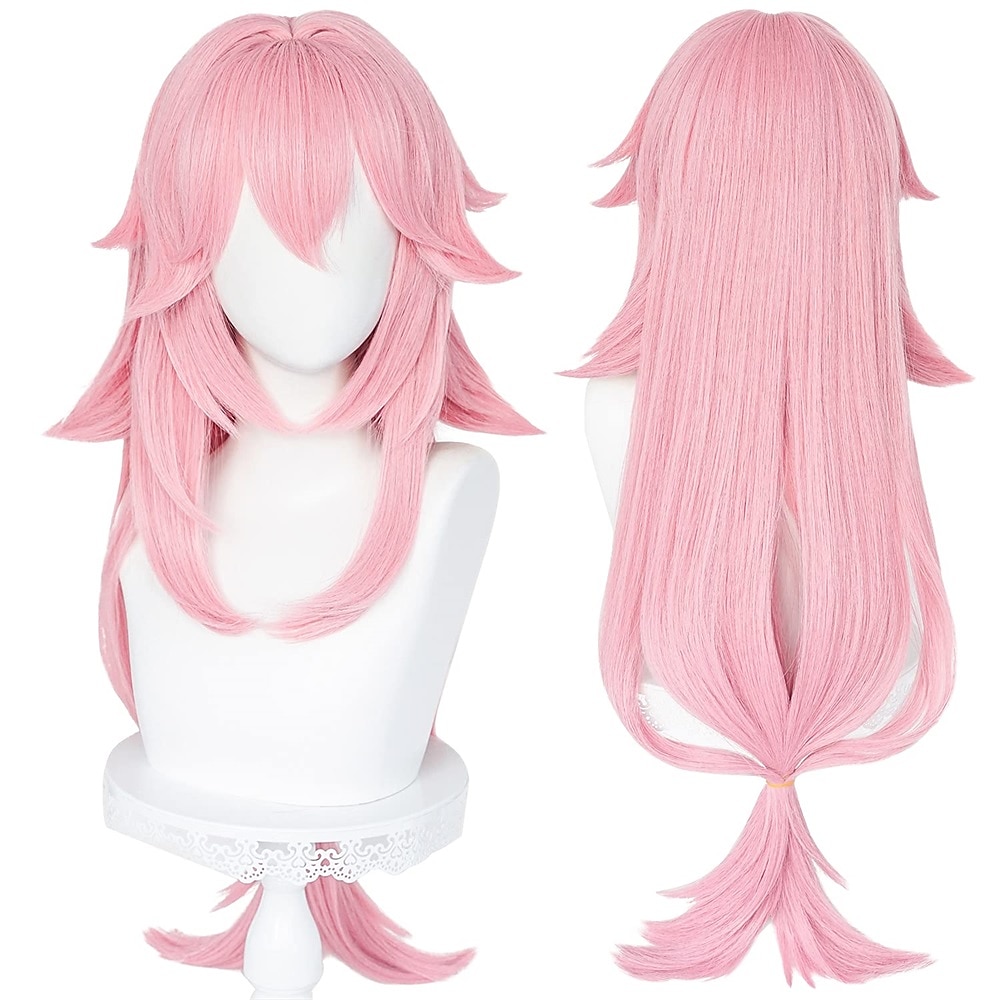 rosa Perücke für Guuji Yae Miko Cosplay-Haar mit Pferdeschwanz-Pony, lange, lockige, flauschige Perücke für Karnevalsparty Lightinthebox