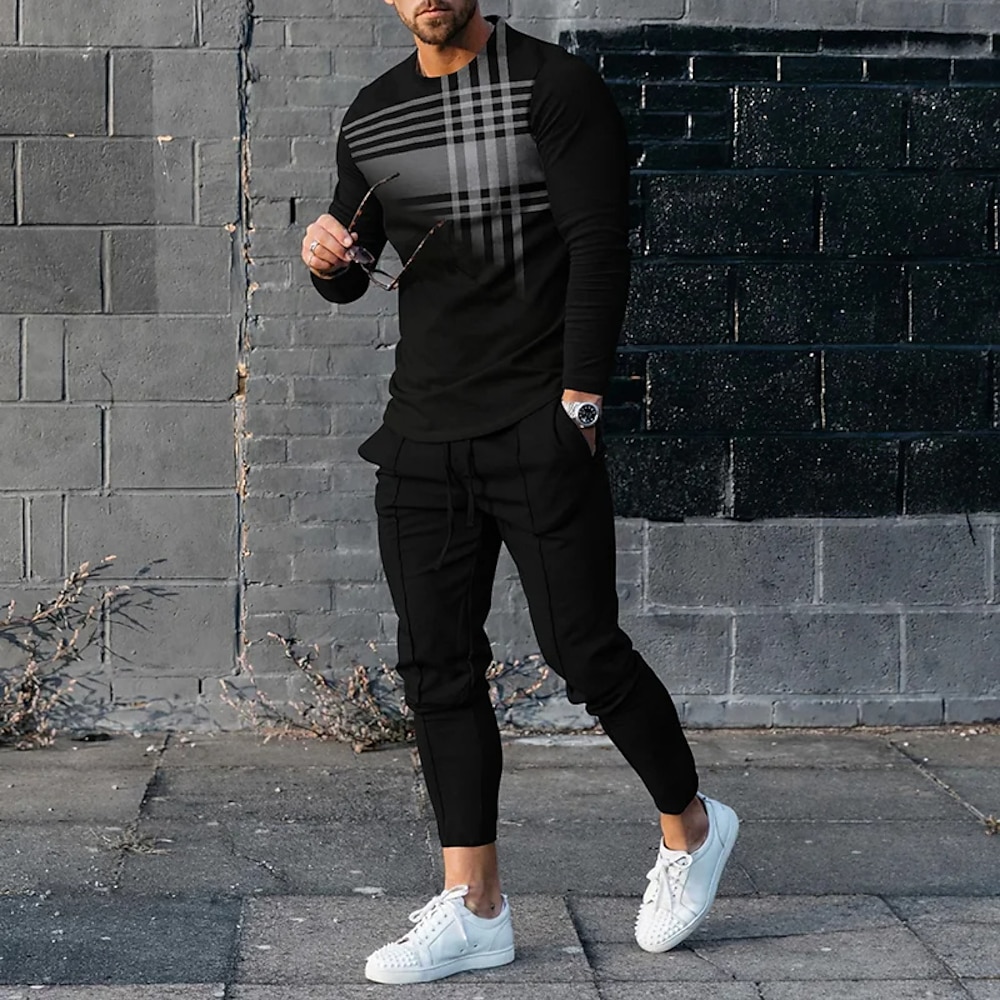 Herren Frühling Sommer Geometrisch Grafikdrucke 2St 3D Sweatshirt-Sets Passende Sets Langarm Lange Hosen Rundhalsausschnitt Sport Designer Lässig Outdoor Urlaub Täglich Druck Schwarz Lightinthebox