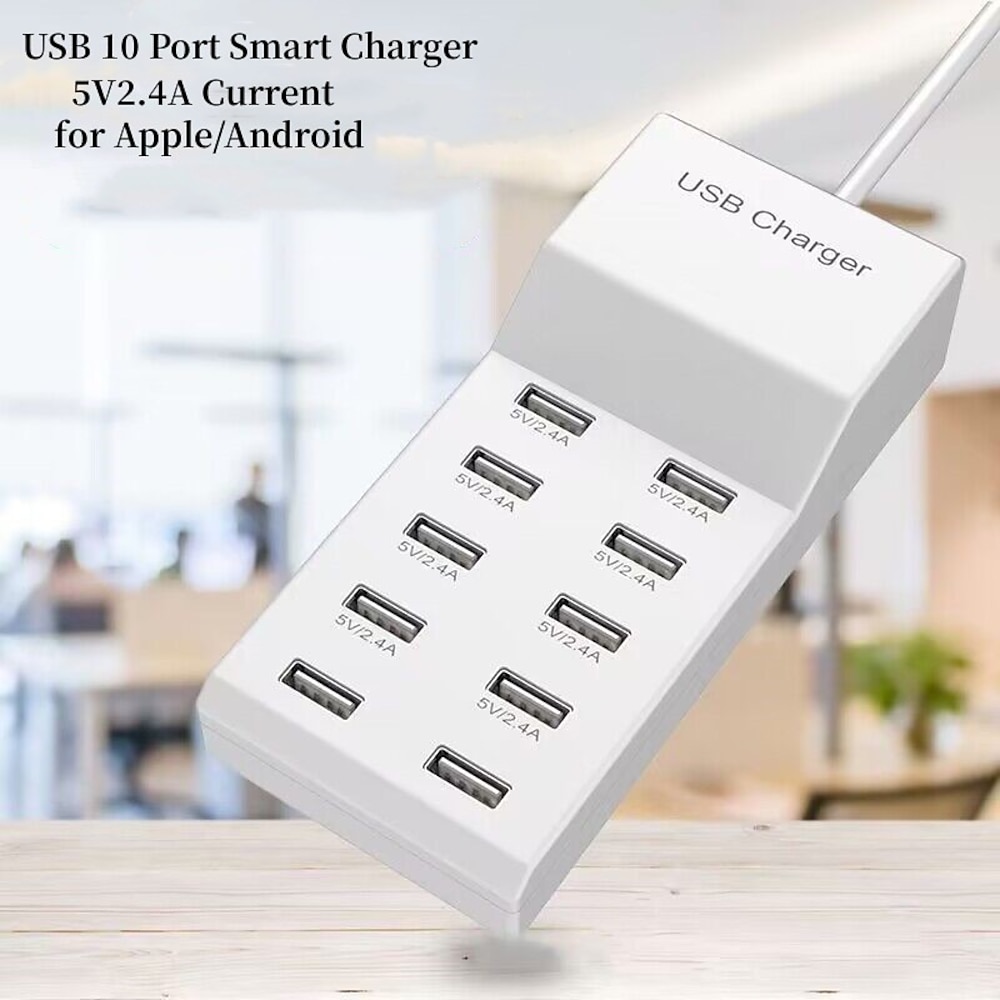 50 W Multi-Port-Ladegerät, USB 10-Anschluss, 10 A, schnelles Aufladen von Mobiltelefonen, Tablets, intelligenter Verteilerstecker, 5 V, 2,4 A Lightinthebox