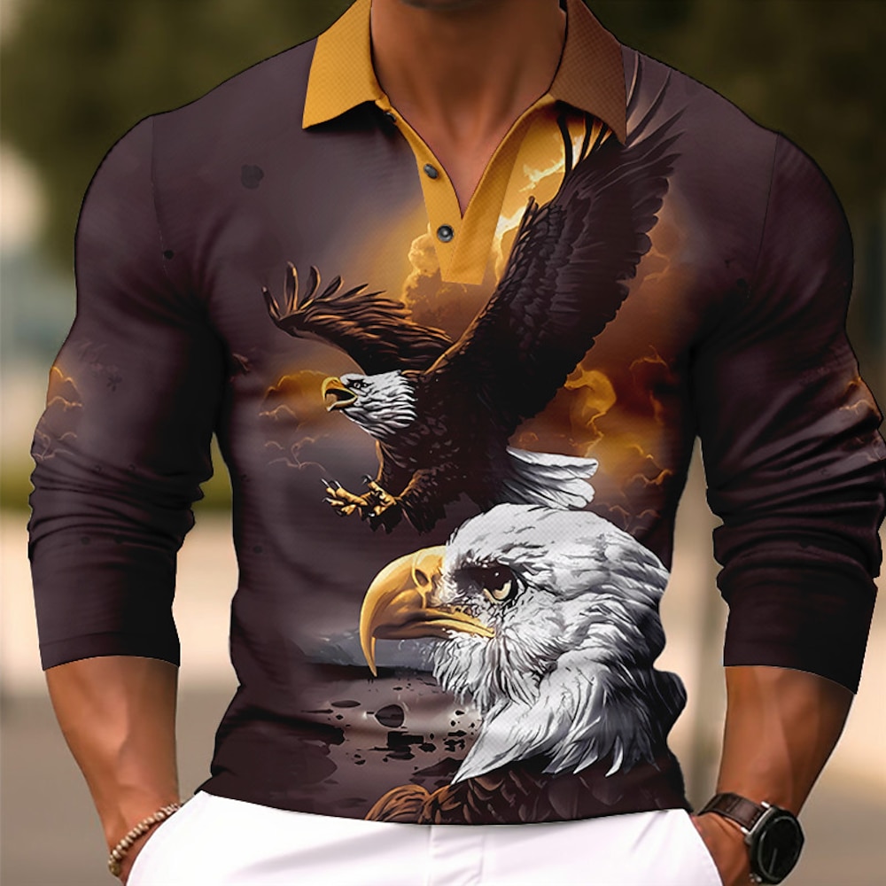 Herren Herbst Winter Adler Poloshirts Golfshirt Langarm Polo-Shirts Hemden mit Kragen Lässig Lustig Streetwear Urlaubskleidung Party-Outfits Knöpfe 3D-Druck Blau Orange Grün Lightinthebox