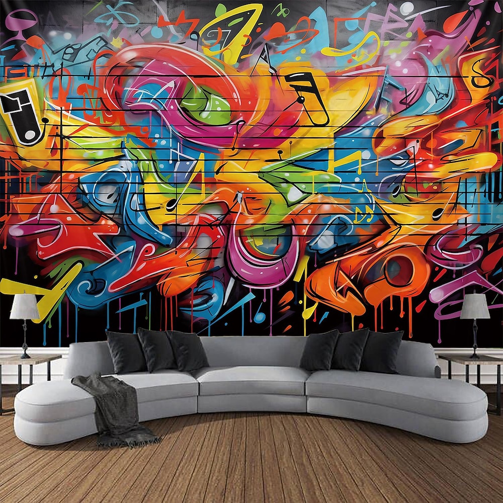 Graffiti-Musiknoten zum Aufhängen, Wandteppich, Wandkunst, großer Wandteppich, Wanddekoration, Fotohintergrund, Decke, Vorhang, Zuhause, Schlafzimmer, Wohnzimmer, Dekoration Lightinthebox