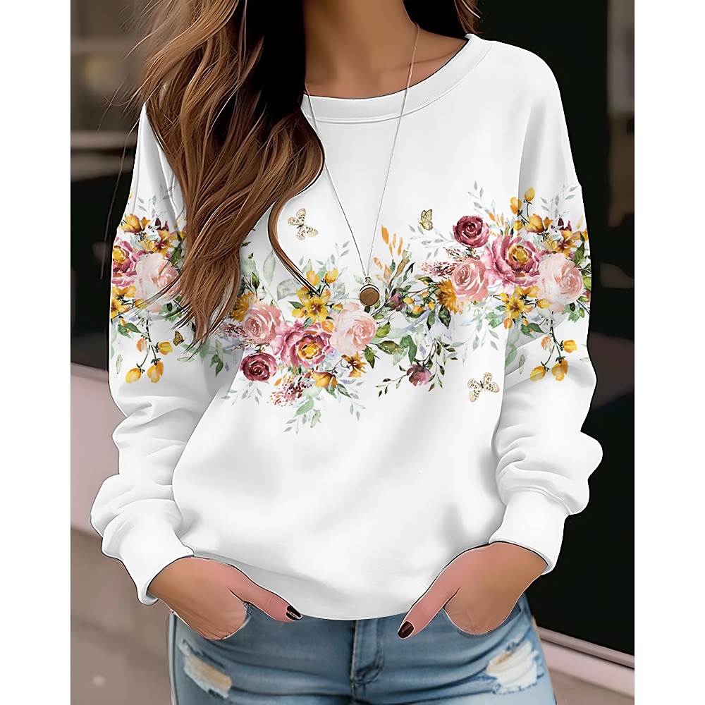 Damen Sweatshirt Pullover Zur Seite fahren Polyester Blumen Katze Strasse Casual Vintage Sport Basic Rundhalsausschnitt Langarm Oberteil Mikro-elastisch Herbst Winter Lightinthebox