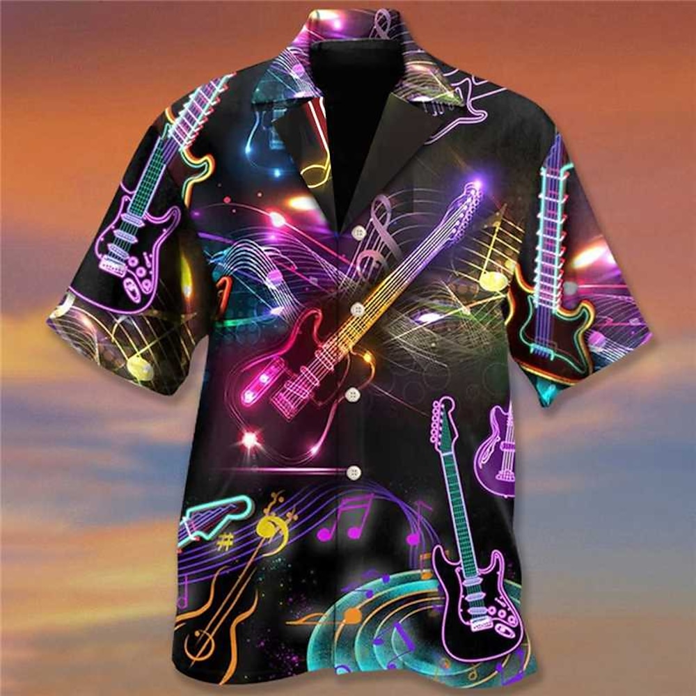 Herren Musikinstrument Hemd Hawaiihemd Sommerhemd Camp-Shirt Kurzarm Hemd Umlegekragen Designer Strand Design Festtage Schwarz Blau Dunkelgrün 3D-Druck S M L Lightinthebox