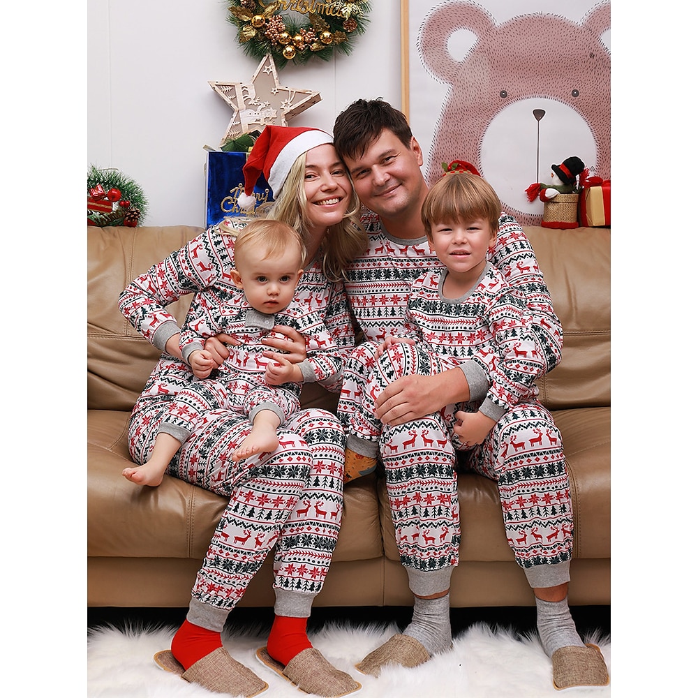 Weihnachtspyjama-Set für die ganze Familie mit Rentier- und Schneeflocken-Print, langärmelig, Urlaubs-Loungewear, rot-weiß, gemütliche passende Outfits Lightinthebox